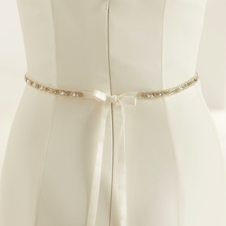 Bianco Thin Crystal Embellished Satin Bridal Dress Belt