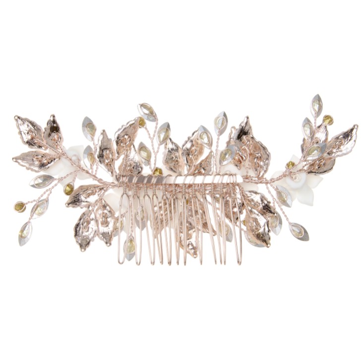 Blaze Ceramic Flowers and Rose Gold Leaves Hair Comb