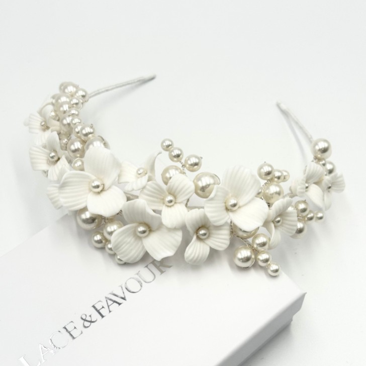 Bloomsbury Ivory Ceramic Flower and Pearl Wedding Tiara