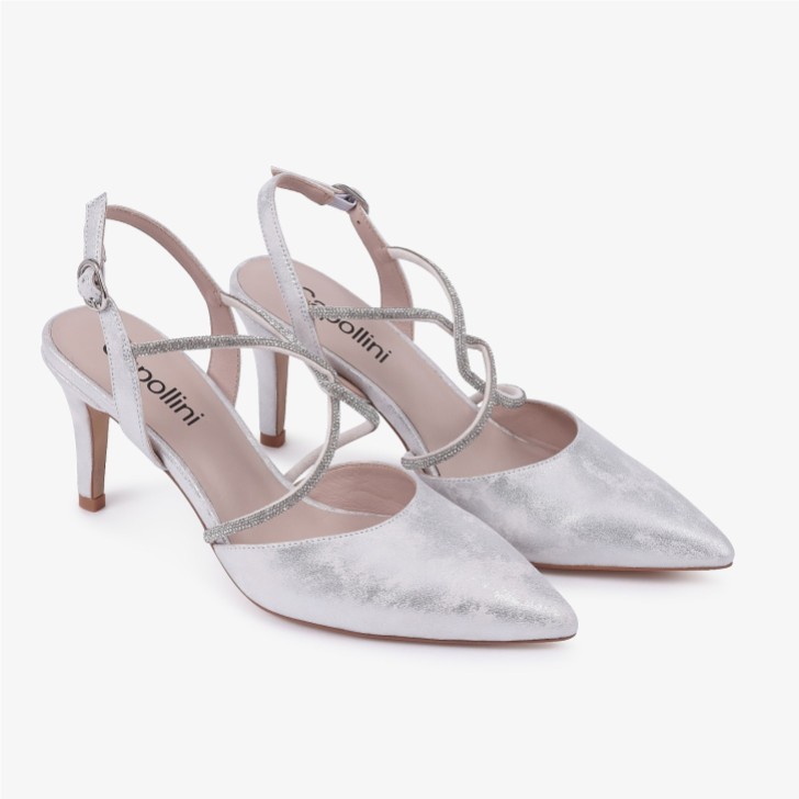 Capollini Charlotte Silberne Nubukleder Diamanten Kreuzriemen Slingbacks