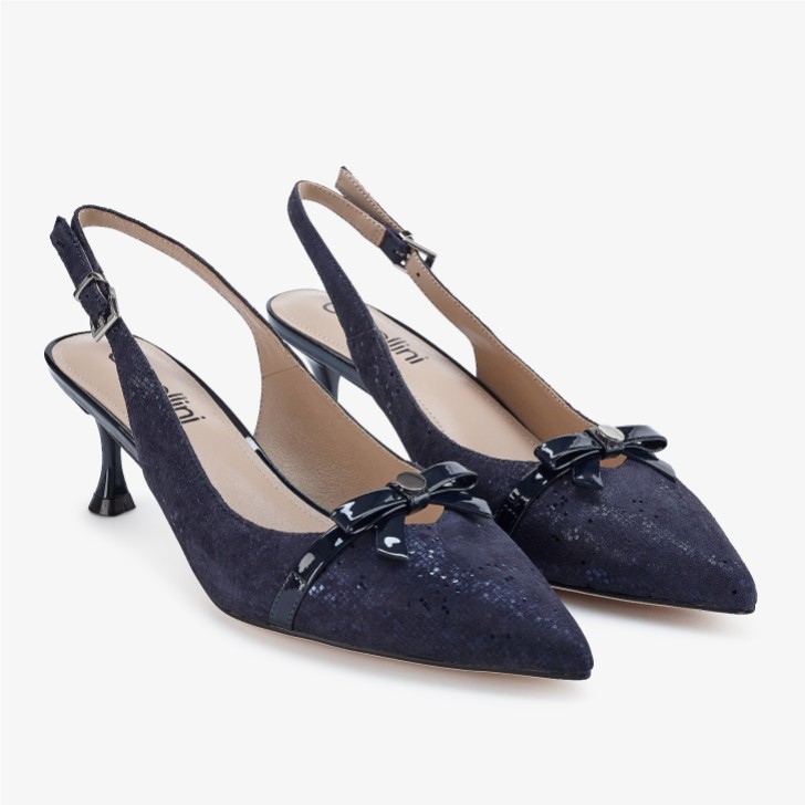 Capollini Allegra Navy Nubuck Leather Slingback Heels with Bow Detail