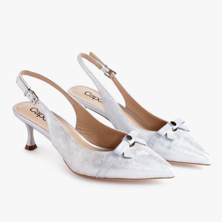 Capollini Allegra Silver Nubuck Leather Slingback Heels with Bow Detail