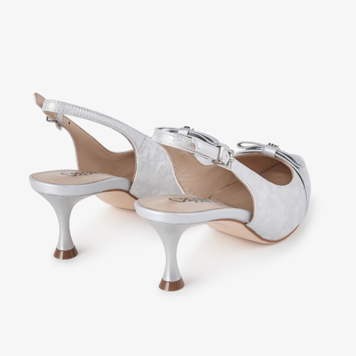 Capollini Allegra Silver Nubuck Leather Slingback Heels with Bow Detail