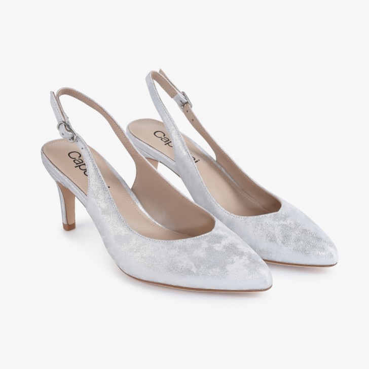 Capollini Catherine Silver Nubuck Leather Mid Heel Slingbacks