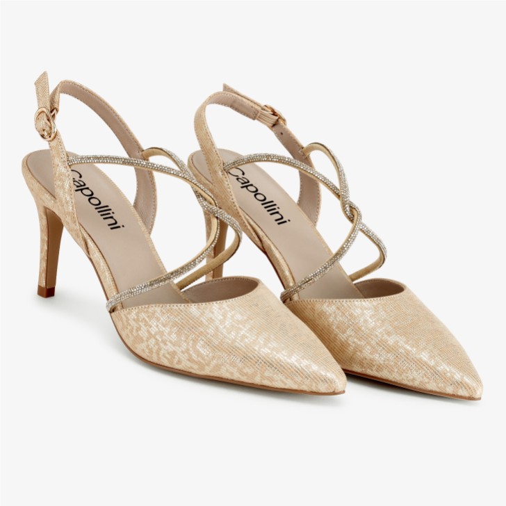 Capollini Charlotte Gold Dorado Nubukleder Diamanten Kreuzriemen Slingbacks