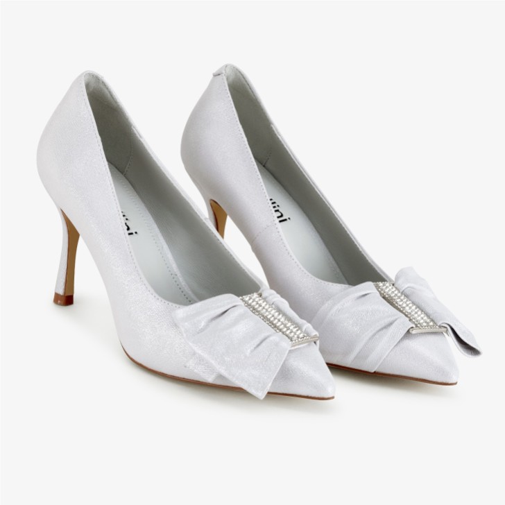 Capollini Elinor Glacier White Nubuck Leather Crystal Bow Court Shoes