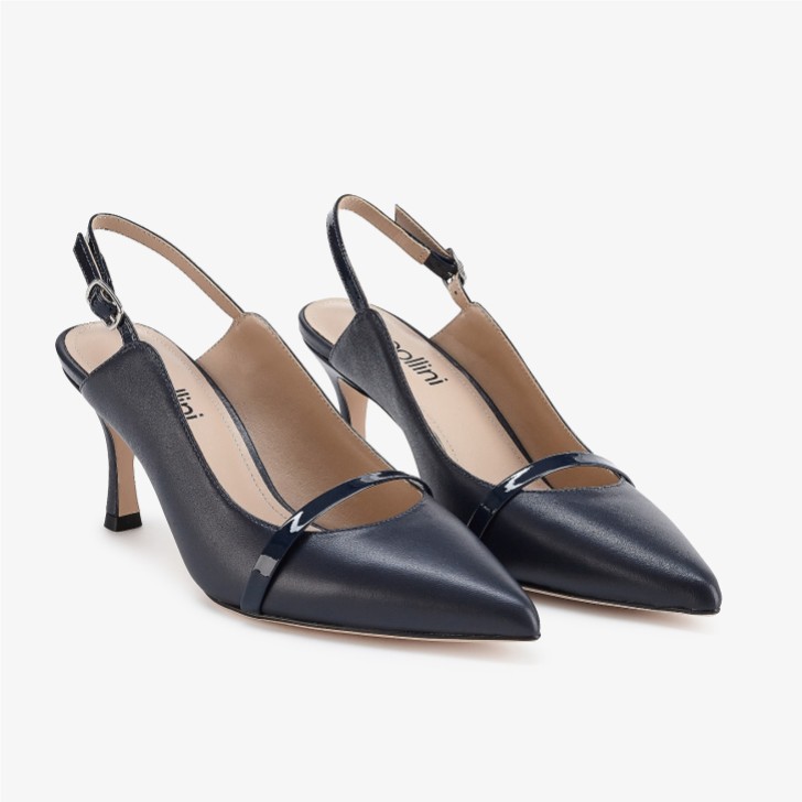 Capollini Emory Navy Leather Mid Heel Slingbacks with Patent Strap