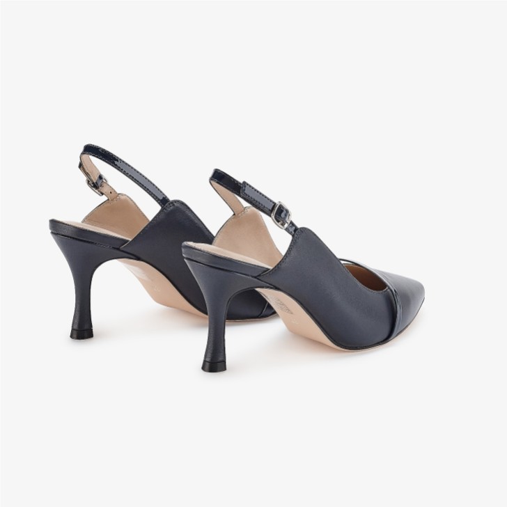 Capollini Emory Navy Leather Mid Heel Slingbacks with Patent Strap