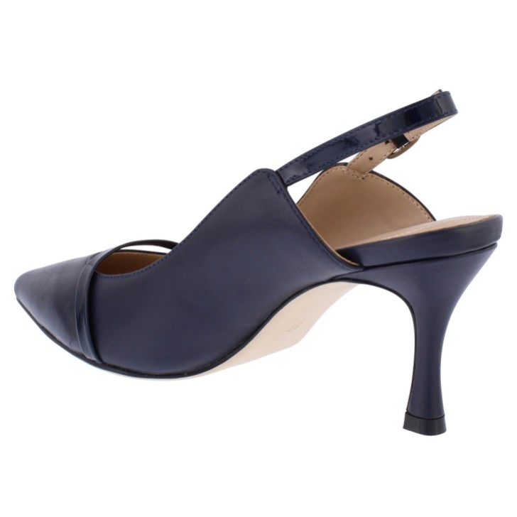 Capollini Emory Navy Leather Mid Heel Slingbacks with Patent Strap