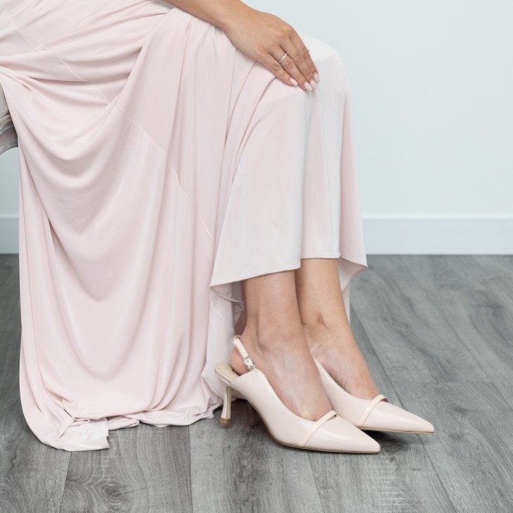 Capollini Emory Rosa Leder Slingbacks mit mittlerem Absatz und Lackriemen