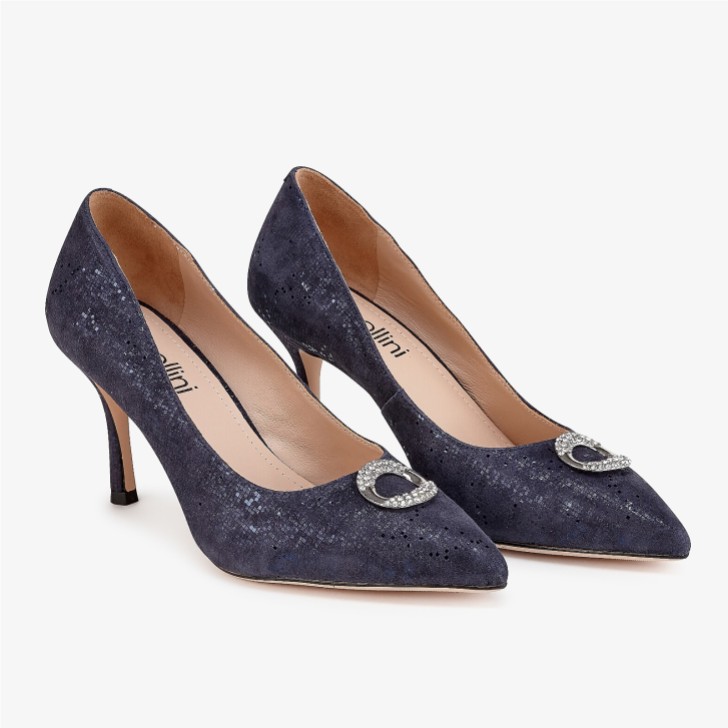 Capollini Judi Navy Nubuck Leather Court Shoes with Diamante Trim