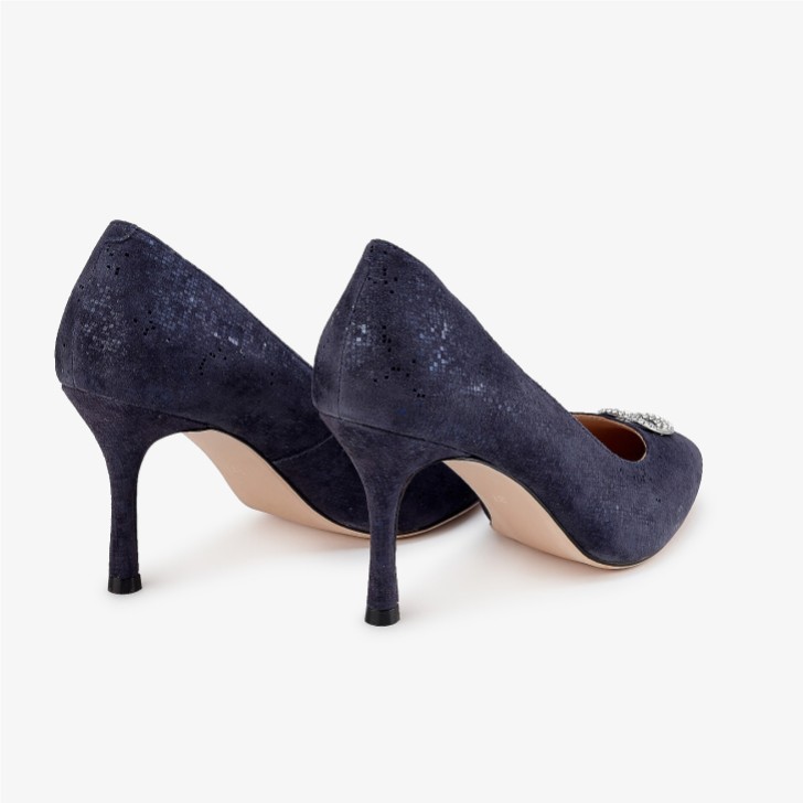 Capollini Judi Navy Nubuck Leather Court Shoes with Diamante Trim