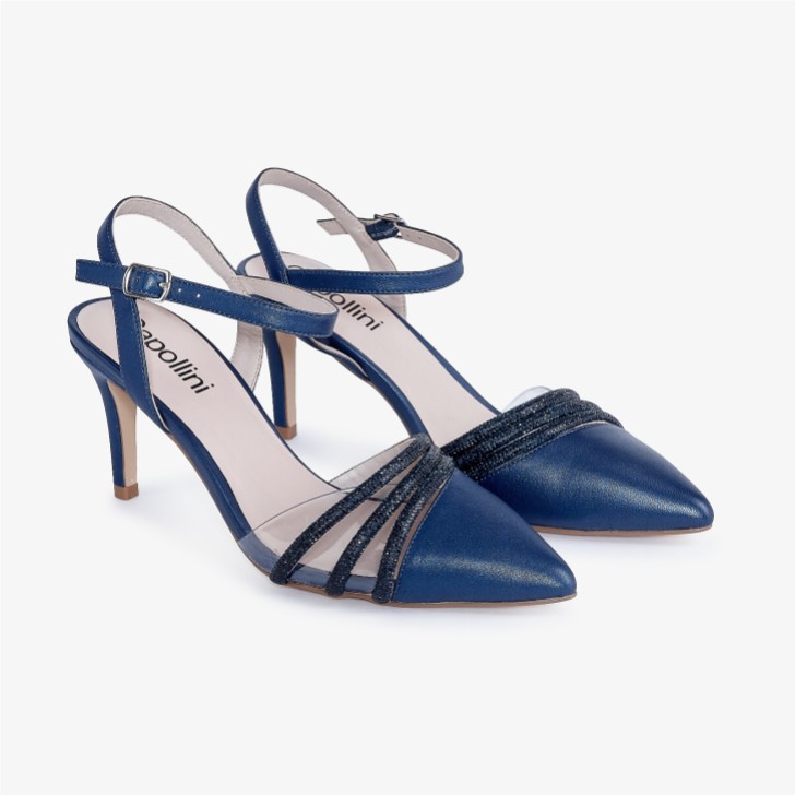 Capollini Ophelia Marineblaue Slingbacks aus perlenbesetztem Leder mit Knöchelriemen