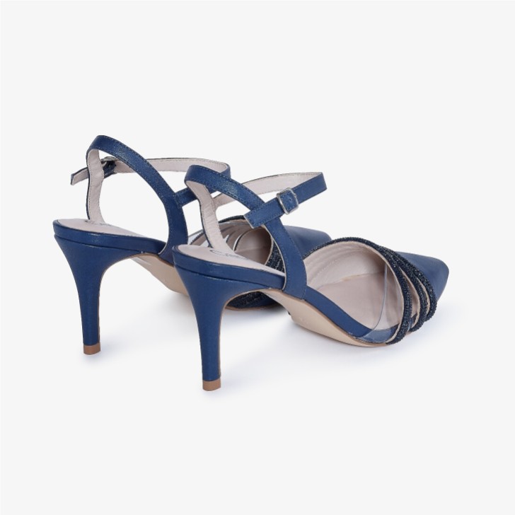 Capollini Ophelia Marineblaue Slingbacks aus perlenbesetztem Leder mit Knöchelriemen