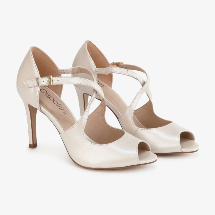 Capollini Orchid Champagne Leather Cross Strap Peep Toe Sandals