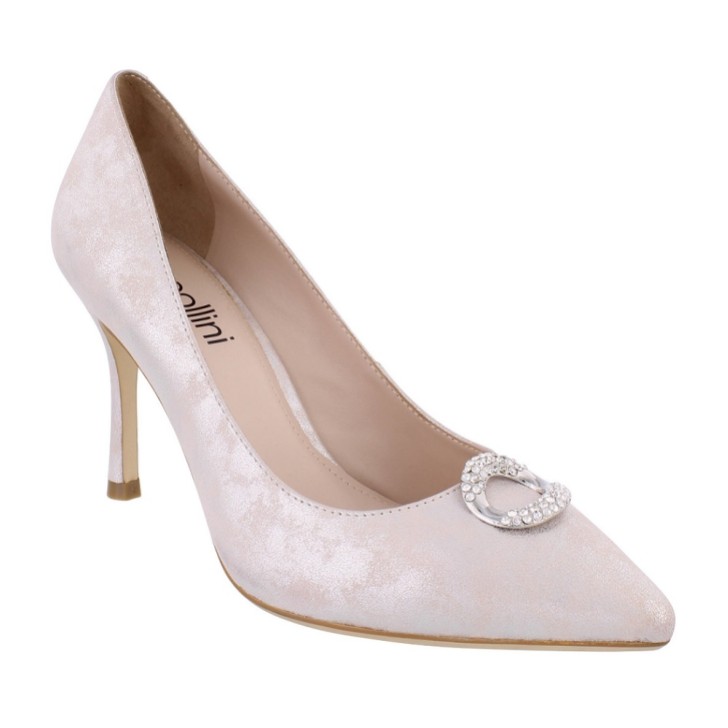 Capollini Judi Blush Pink Nubuck Leather Court Shoes with Diamante Trim