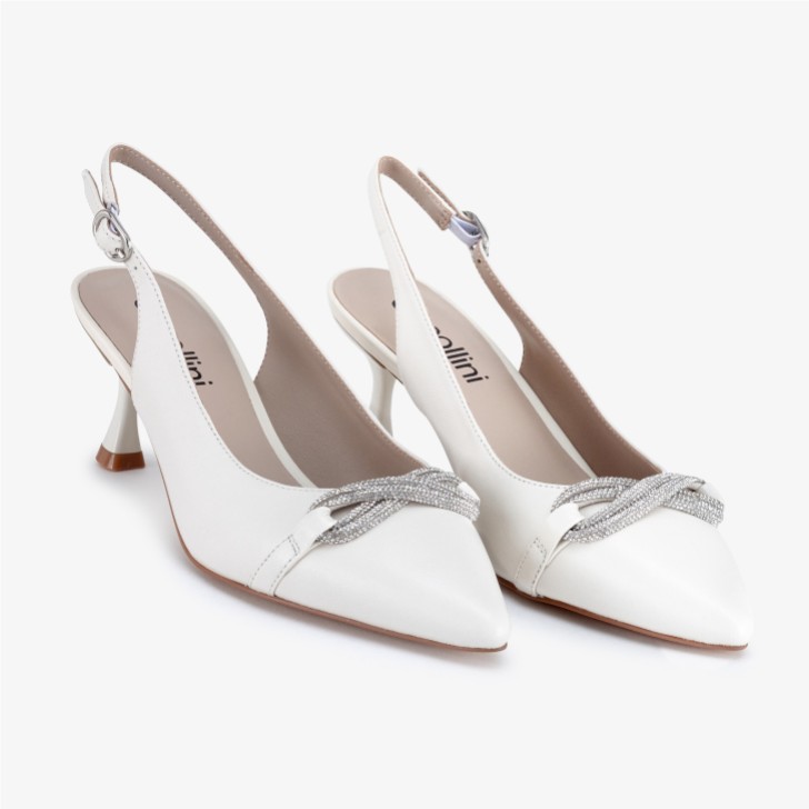 Capollini Sabrina Porcelain Leather Diamante Slingback Kitten Heels