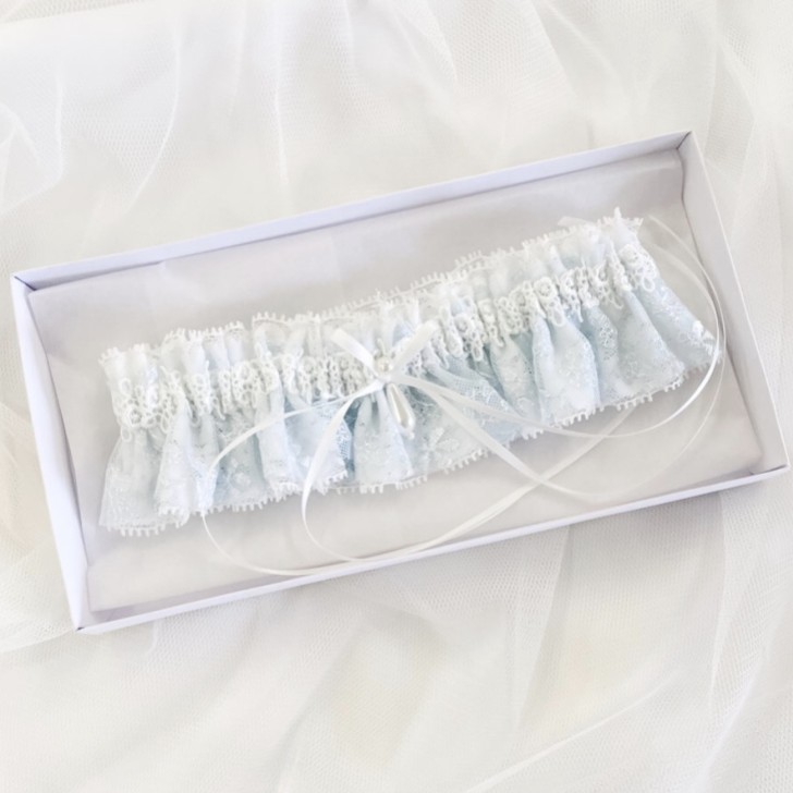 Chantilly Blue Floral Lace Bridal Garter with Pearl Droplet