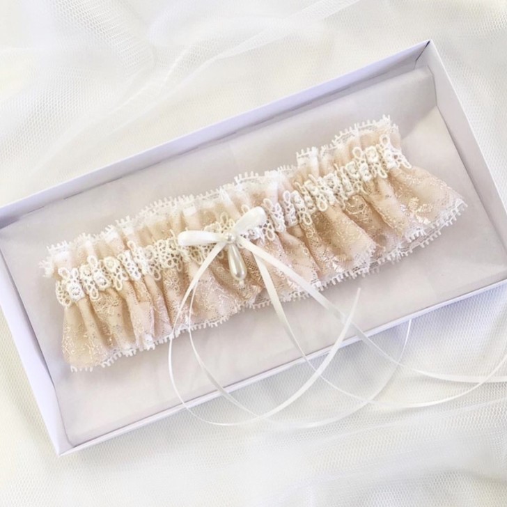 Chantilly Blush Floral Lace Bridal Garter with Pearl Droplet