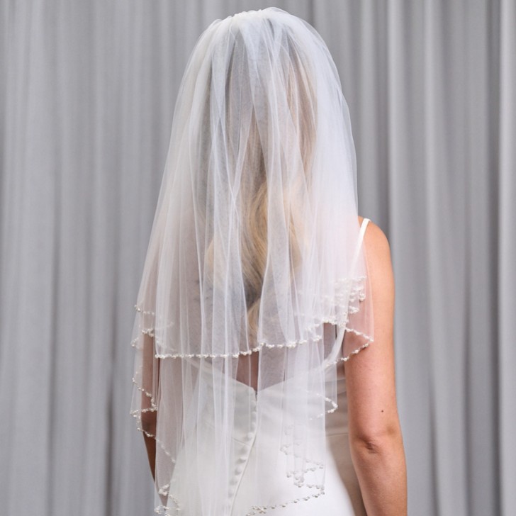 Charleston Ivory Two Tier Bead, Diamante and Pearl Edge Elbow Length Veil