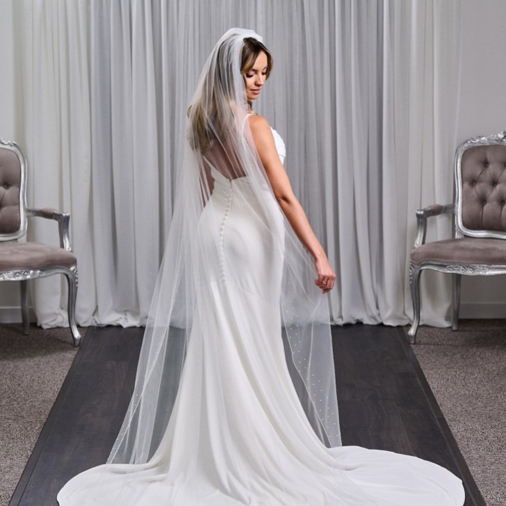 Chicago Ivory Single Tier Long Heavily Embellished Pearl Veil