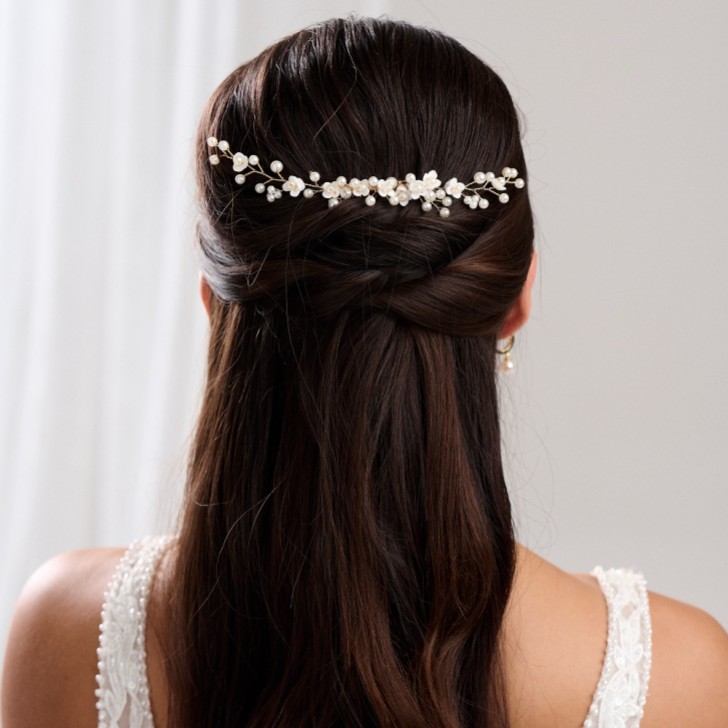 Confetti Flowers and Pearl Hair Vine on Comb (Gold)