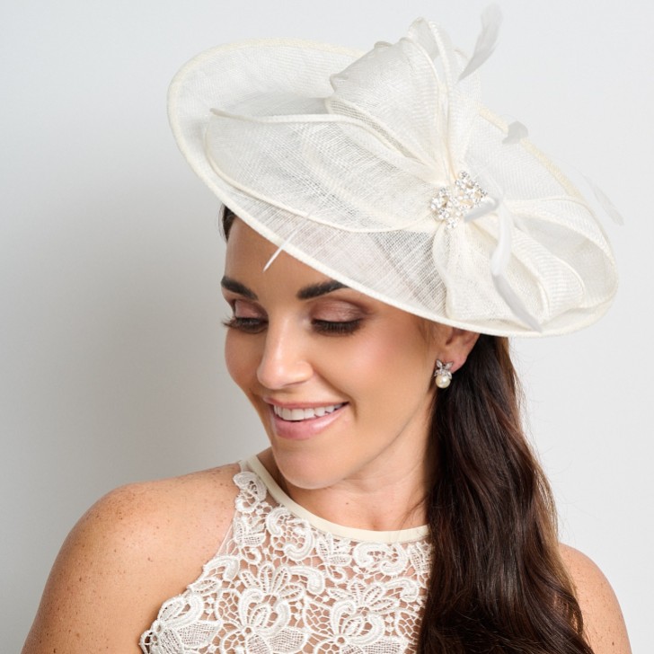 Cream Diamante Bow Large Sinamay Disk Wedding Fascinator