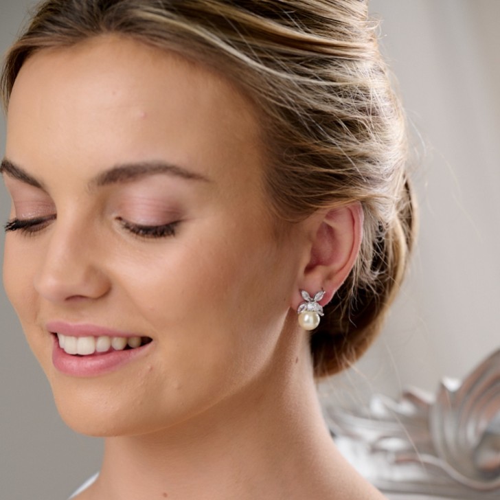 Ava Crystal Leaves and Pearl Wedding Earrings