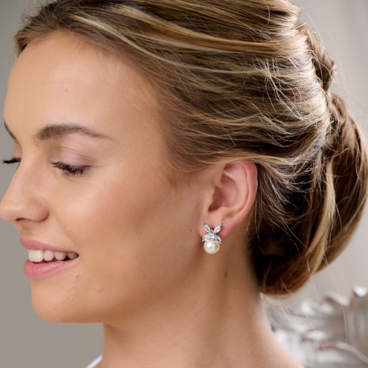 Ava Crystal Leaves and Pearl Wedding Earrings