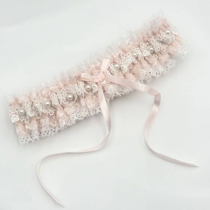 Cupid Pale Pink Lace Wedding Garter with Pearl Detail