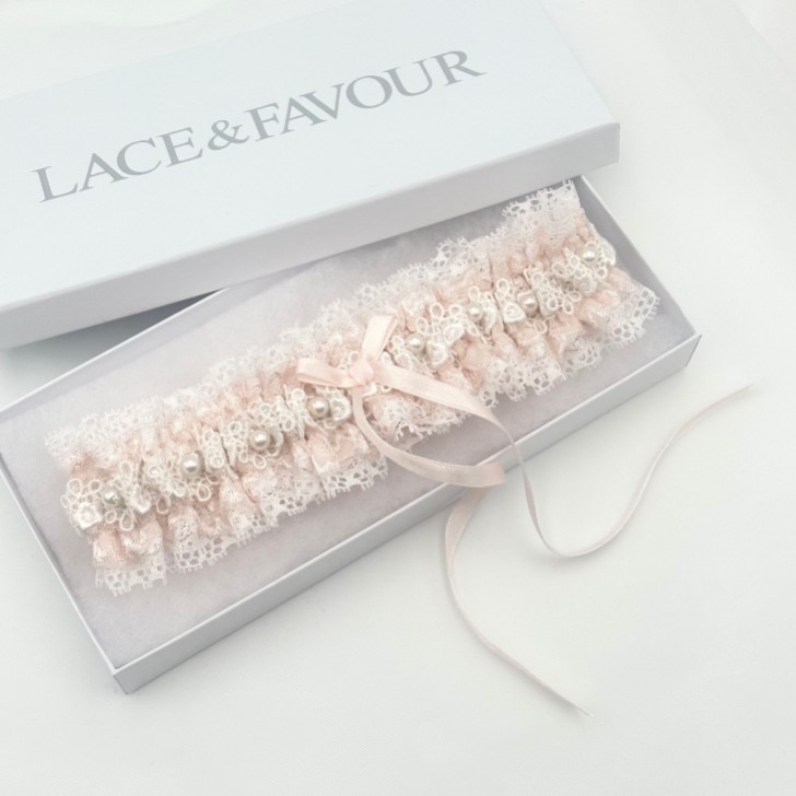 Cupid Pale Pink Lace Wedding Garter with Pearl Detail