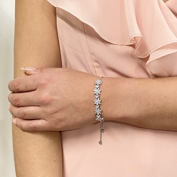 Daisy Silver Floral Crystal Adjustable Bracelet