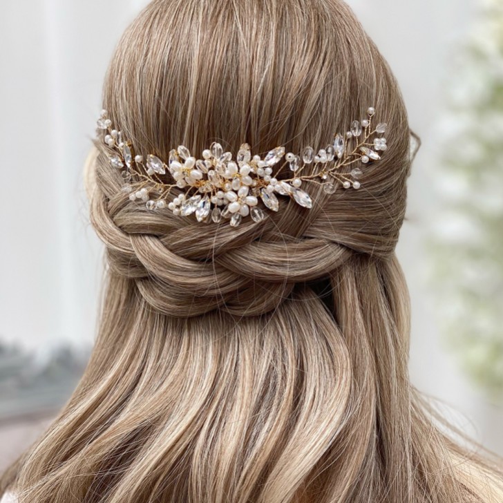 Destiny Pearl Flowers and Crystal Sprigs Bridal Headpiece (Gold)