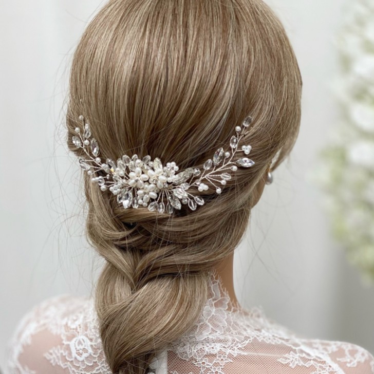 Destiny Pearl Flowers and Crystal Sprigs Bridal Headpiece (Silver)