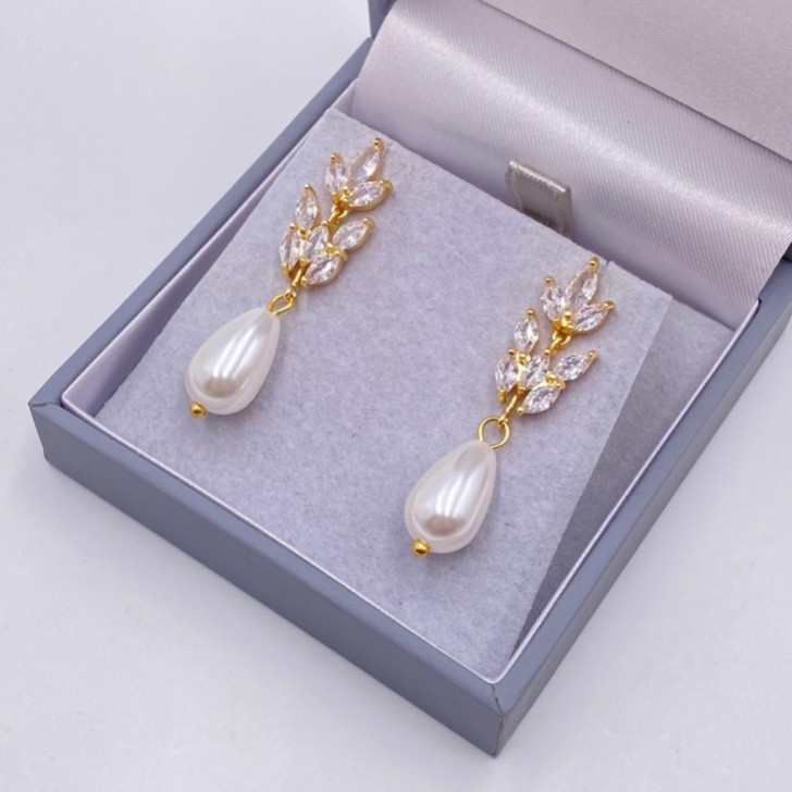 Divine Gold Cubic Zirconia and Teardrop Pearl Earrings