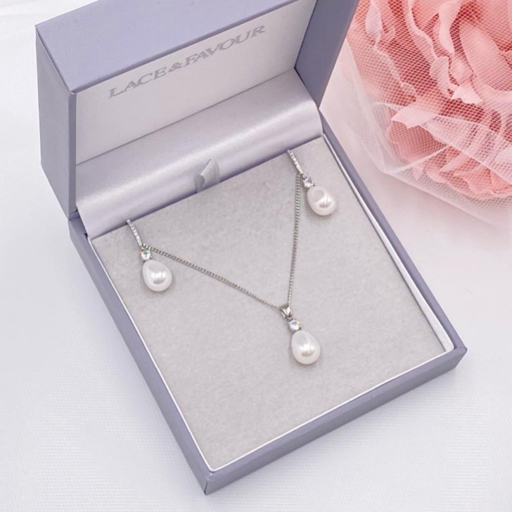 Dolci Silver Crystal and Teardrop Pearl Bridal Jewellery Set