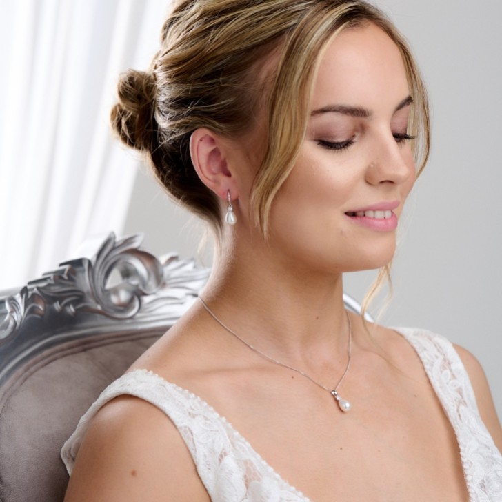Dolci Silver Crystal and Teardrop Pearl Bridal Jewelry Set