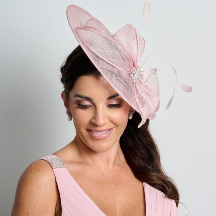 Dusky Pink Diamante Bow Large Sinamay Disk Wedding Fascinator