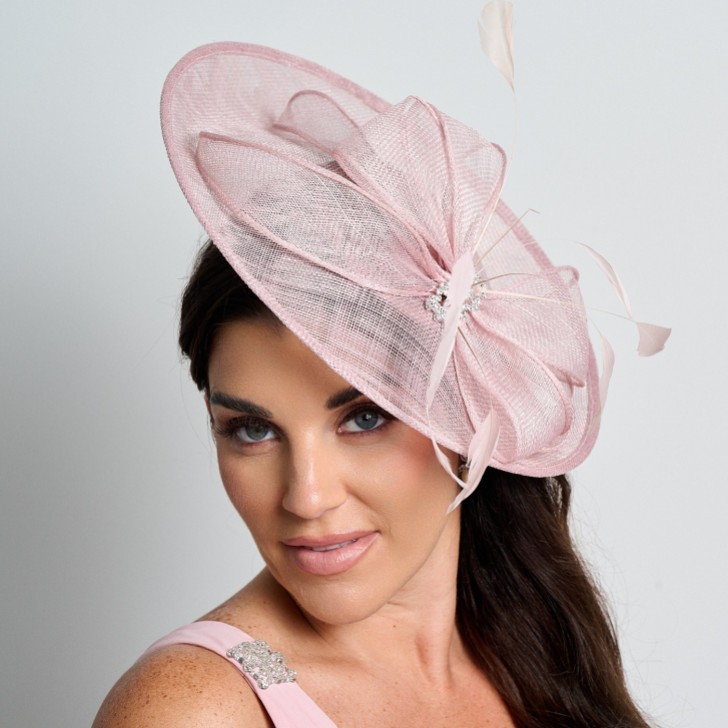 Dusky Pink Diamante Bow Large Sinamay Disk Wedding Fascinator