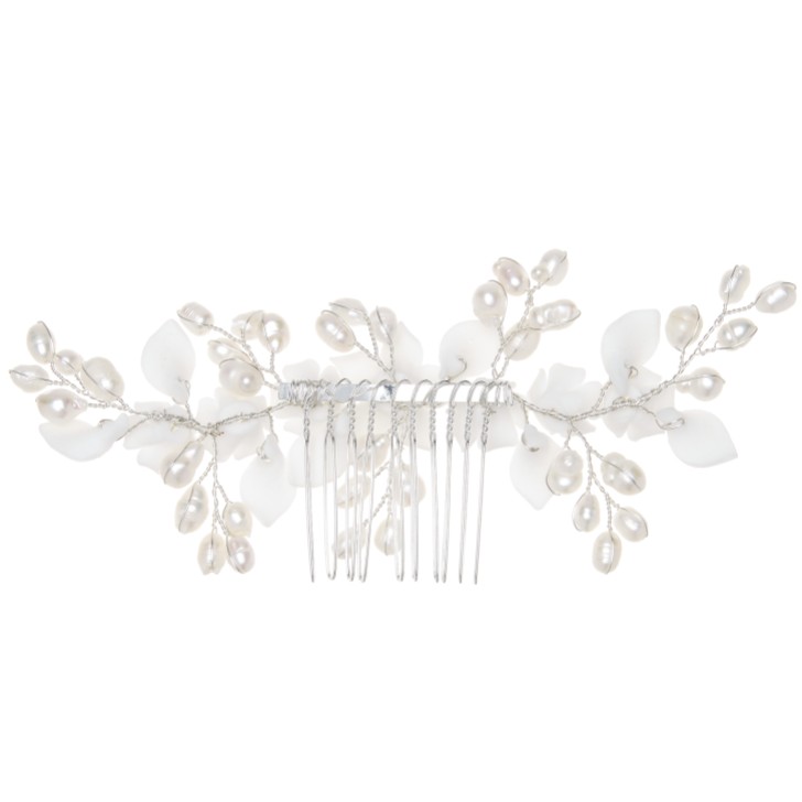 Edelweiss Ivory Porcelain Flowers and Pearl Wedding Hair Comb