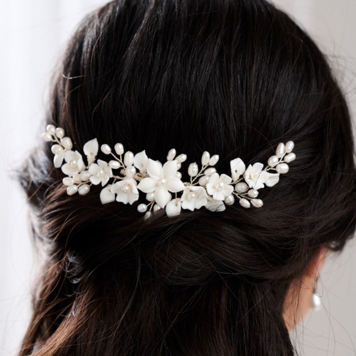 Edelweiss Ivory Porcelain Flowers and Pearl Wedding Hair Comb