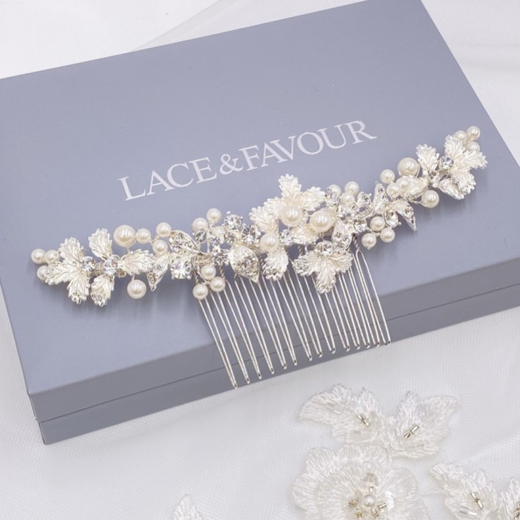 Ellis Dainty Silver Leaves and Pearl Hair Comb
