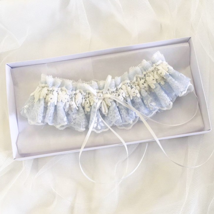 Eternity Powder Blue and Ivory Floral Lace Garter with Pearl Droplet
