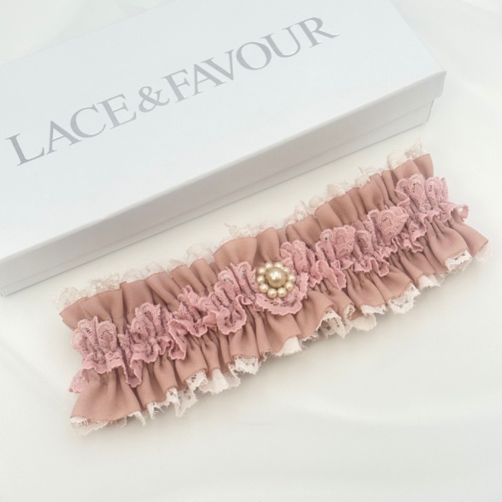 Fantasy Dusky Rose Lace Vintage Wedding Garter with Pearl Trim