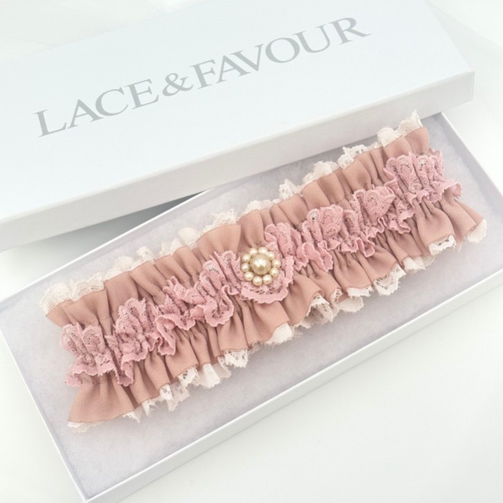 Fantasy Dusky Rose Lace Vintage Wedding Garter with Pearl Trim
