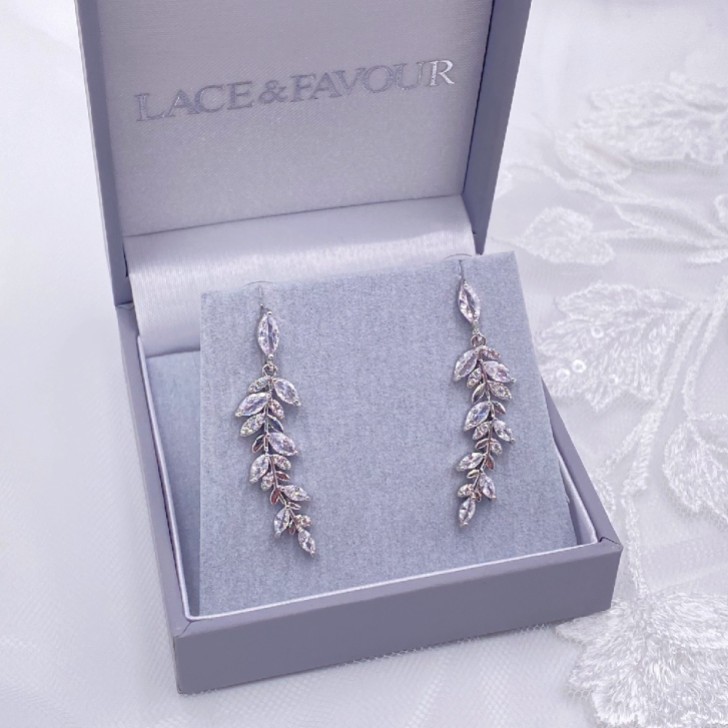 Fern Silver Sparkly Crystal Leaves Earrings