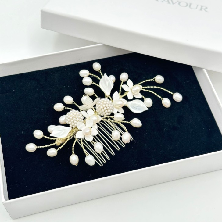 Fortune Gold Pearl Spray Floral Wedding Hair Comb