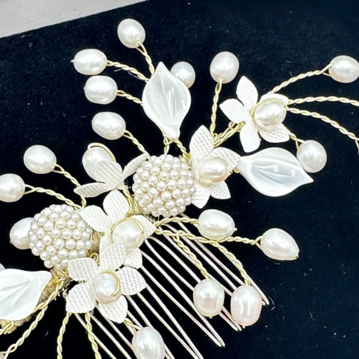 Fortune Gold Pearl Spray Floral Wedding Hair Comb