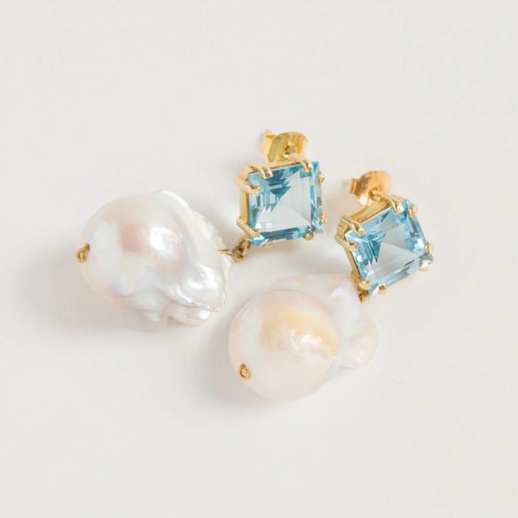 Freya Rose Blue Topaz Baroque Pearl Drop Earrings