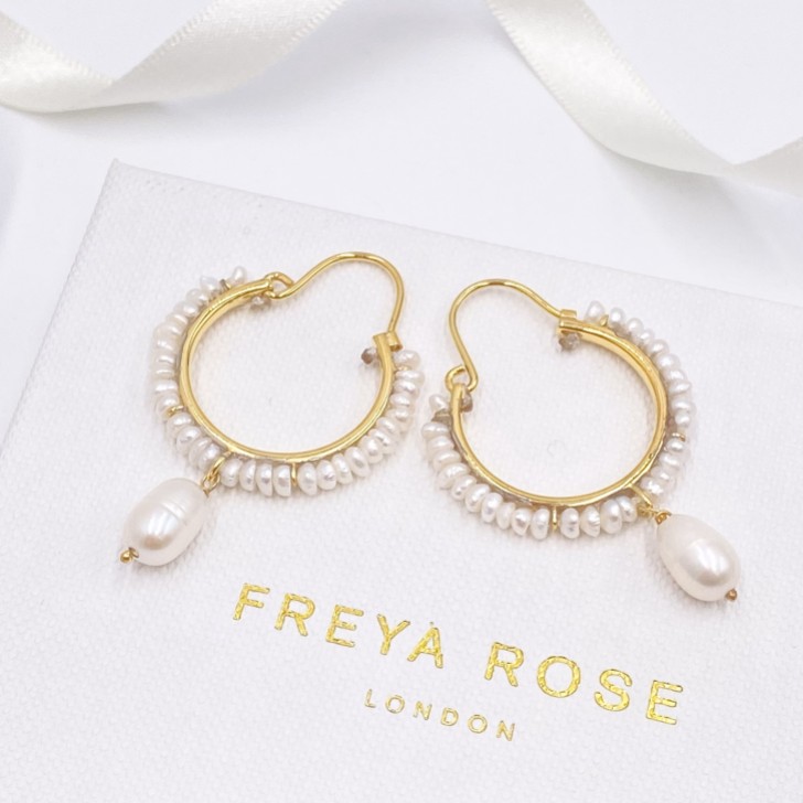 Freya Rose Boho Small Gold Pearly Drop Hoop Earrings